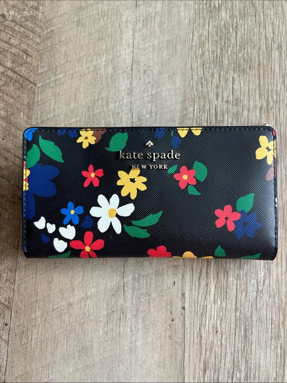 kate spade Black Floral Continental Wallet with Multicolor Flowers 7 x 4